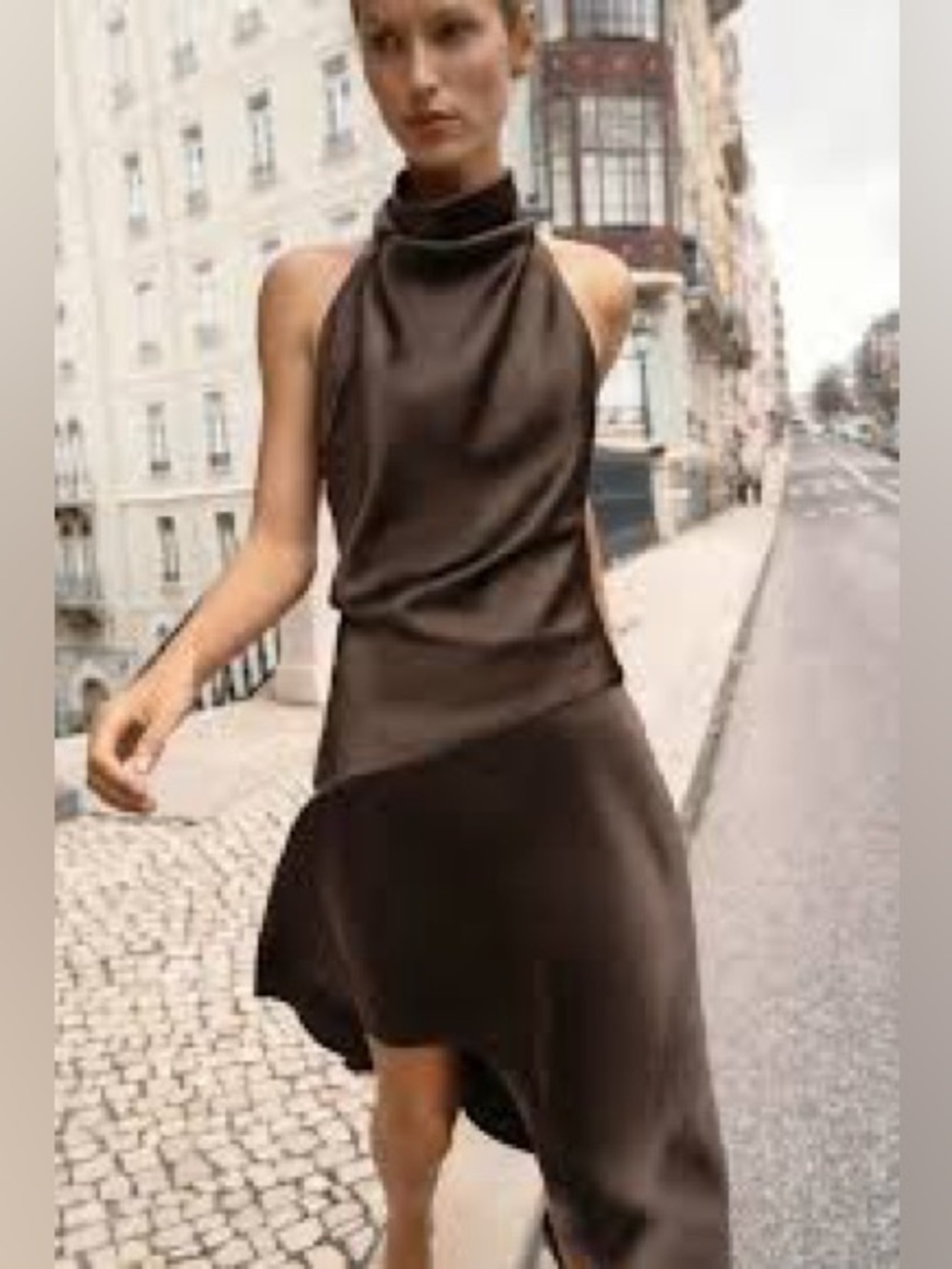 Zara Brown Satin Halter Asymmetric Dress